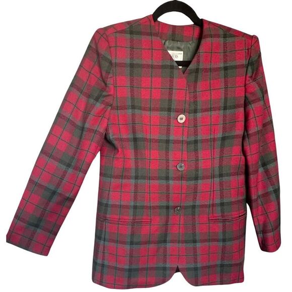 Bankers Club Blazer Womens Size 4 Petites Red Gray Plaid Checks Long‎ Sleeves - Picture 8 of 9